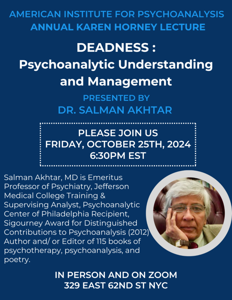 Flyer for DEADNESS: Psychoanalytic Understanding and Management presented by Dr. Salman Akhtar